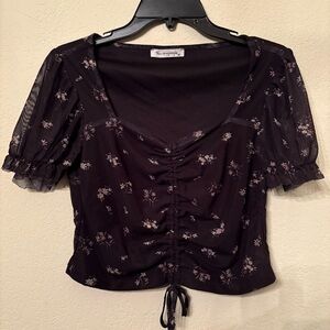 Urban Outfitters Women’s Floral Black Cinched Top with Ruffled Sleeves, Sz. Med